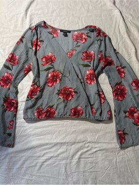 Forever 21 Black-and-White Striped Long-Sleeve Top with Red Floral Print
